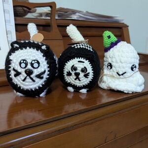 Handmade Crochet Skeleton Kitty Cats And Witch Ghost Set